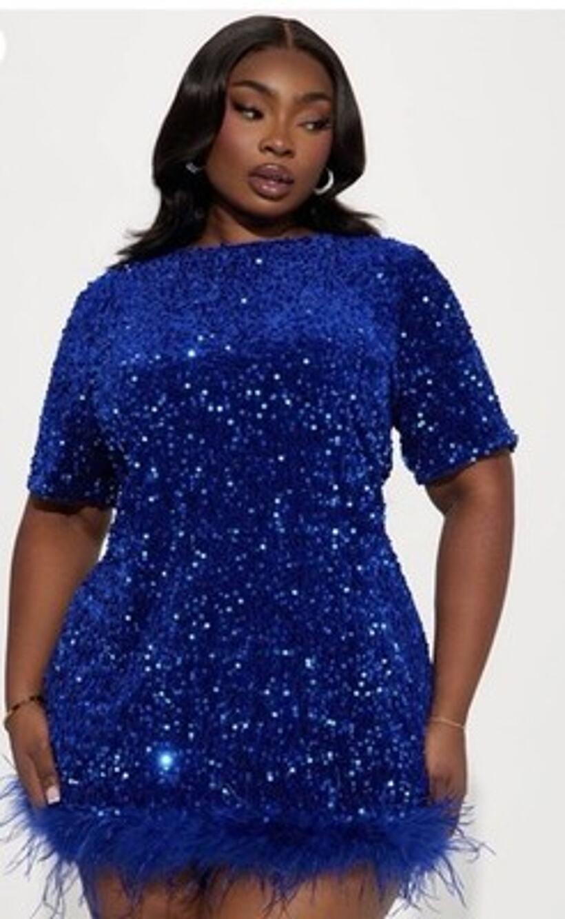 Fashion Nova Christy Sequin T Shirt Mini Dress Blue Fur Trim Women's M NWT